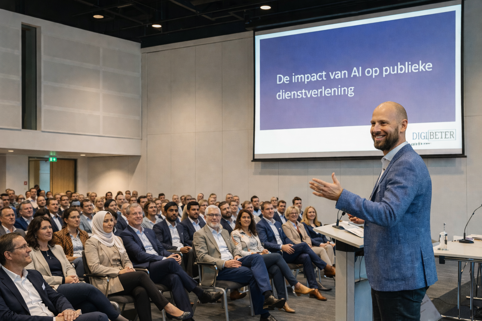 Spreker geeft keynote over de impact van AI op publieke dienstverlening voor een diverse zaal met professionals.